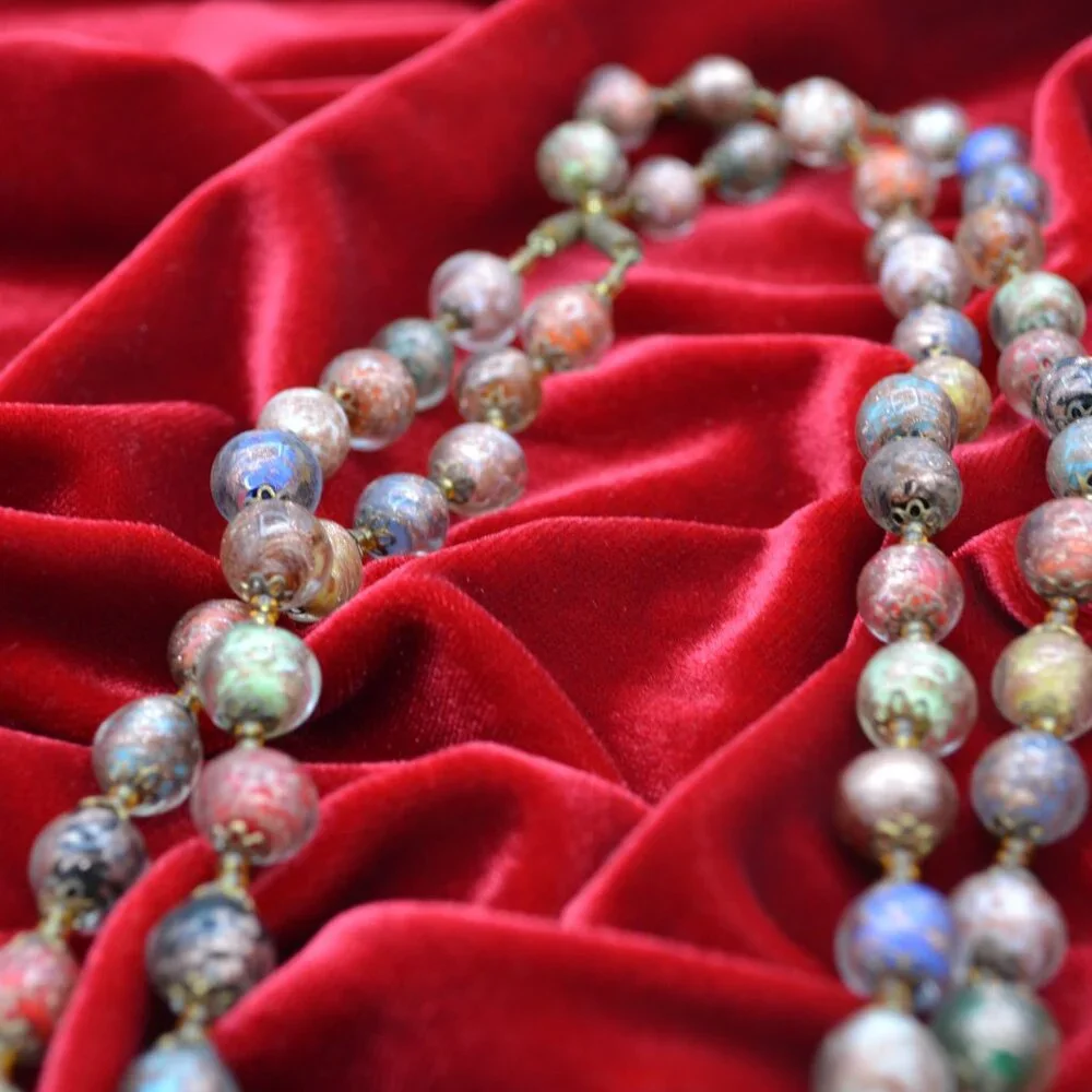 Vintage Murano Glass Bead Necklace Venetian Foil Aventurine Multi‎ Color